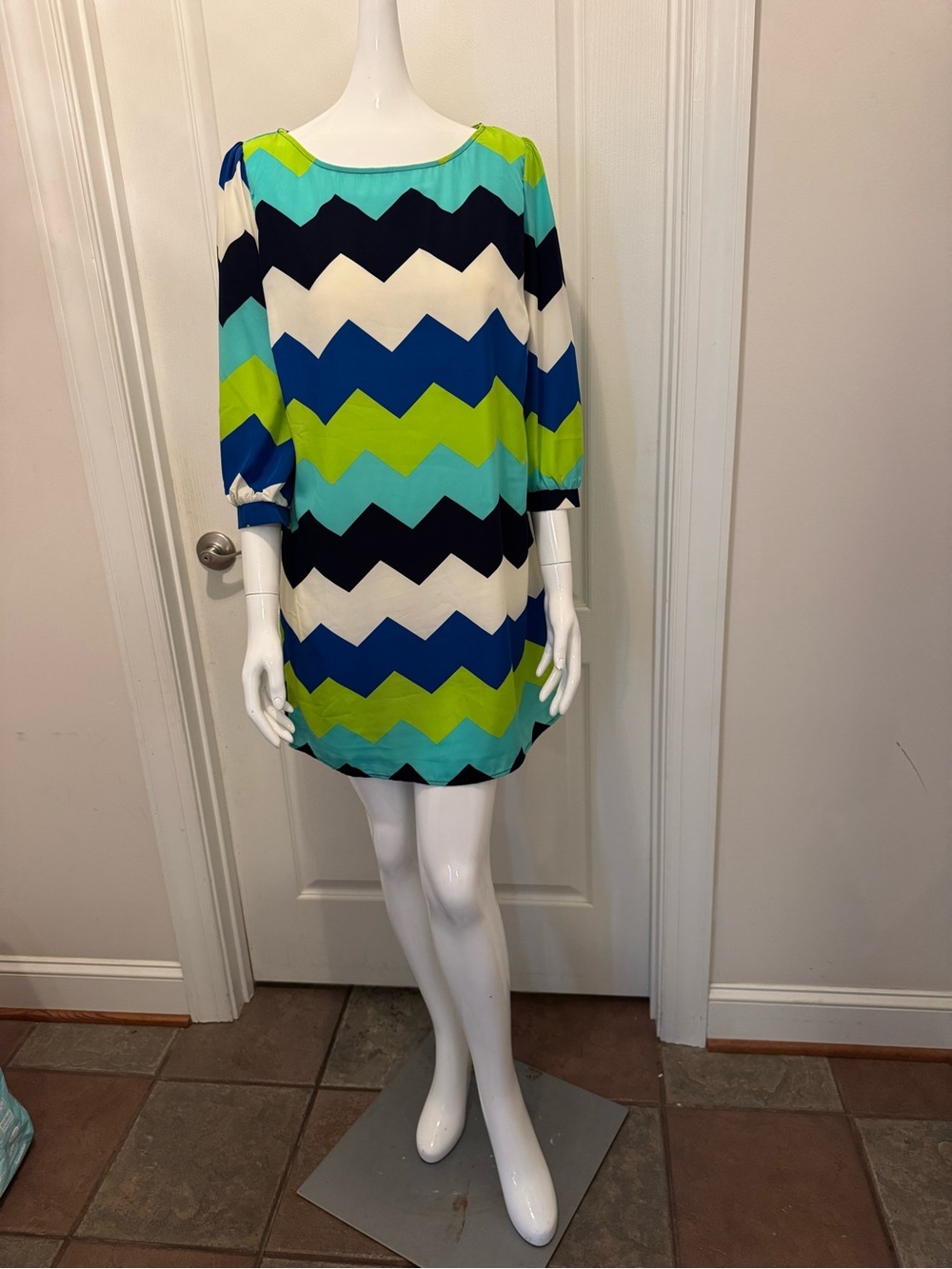 Pink Owl Chevron Mini Dress in Blue, Teal & Lime